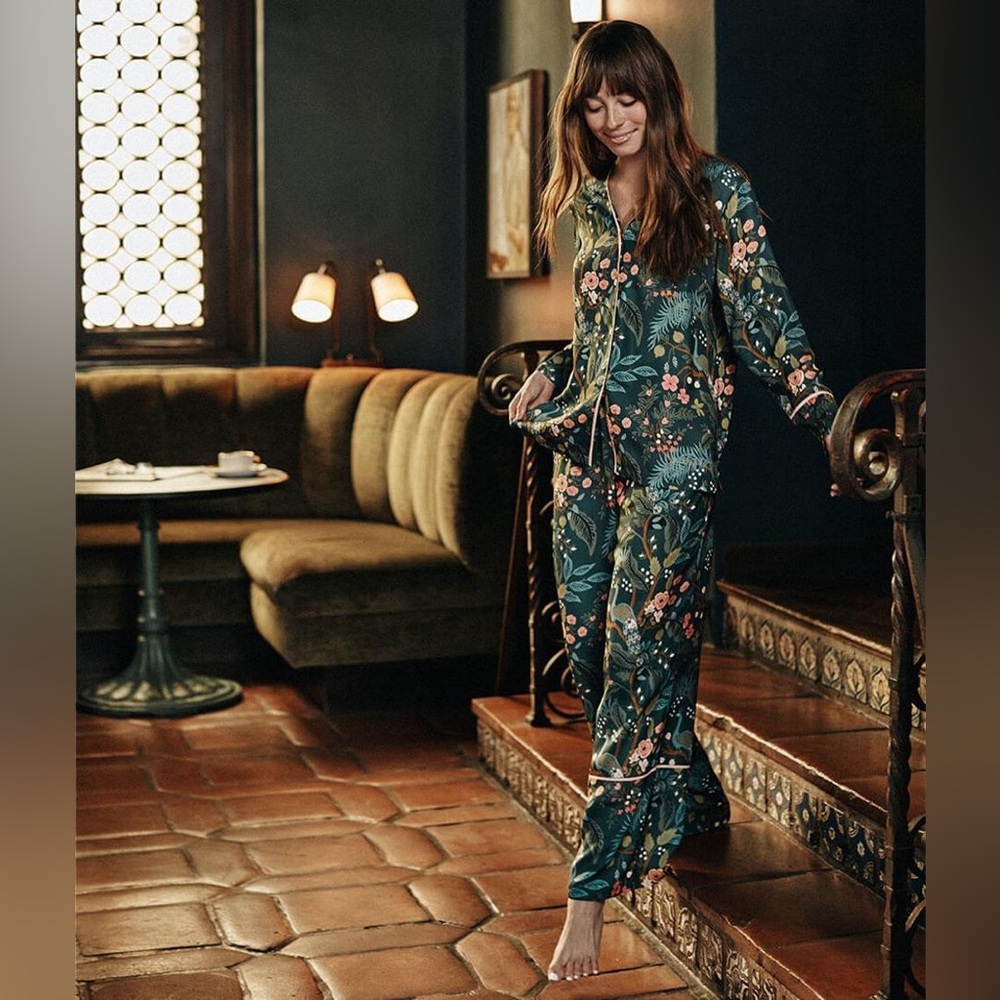 Rifle Paper Co. Forest Green Floral Satin Pajama Set with Pink Trim - Picture 9 of 12